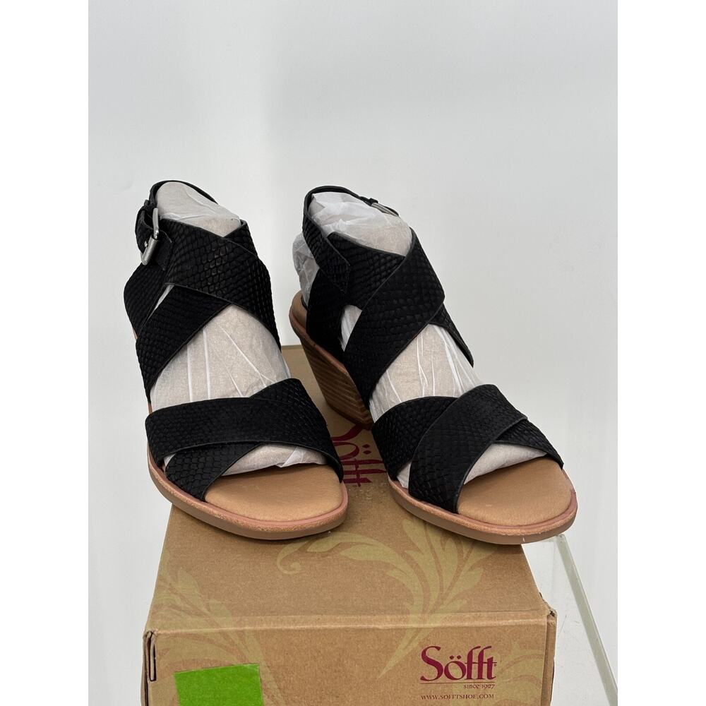 Sofft Women Pesha Leather Strappy Sandals 7 Black Snakeskin Print Cushioned Heel